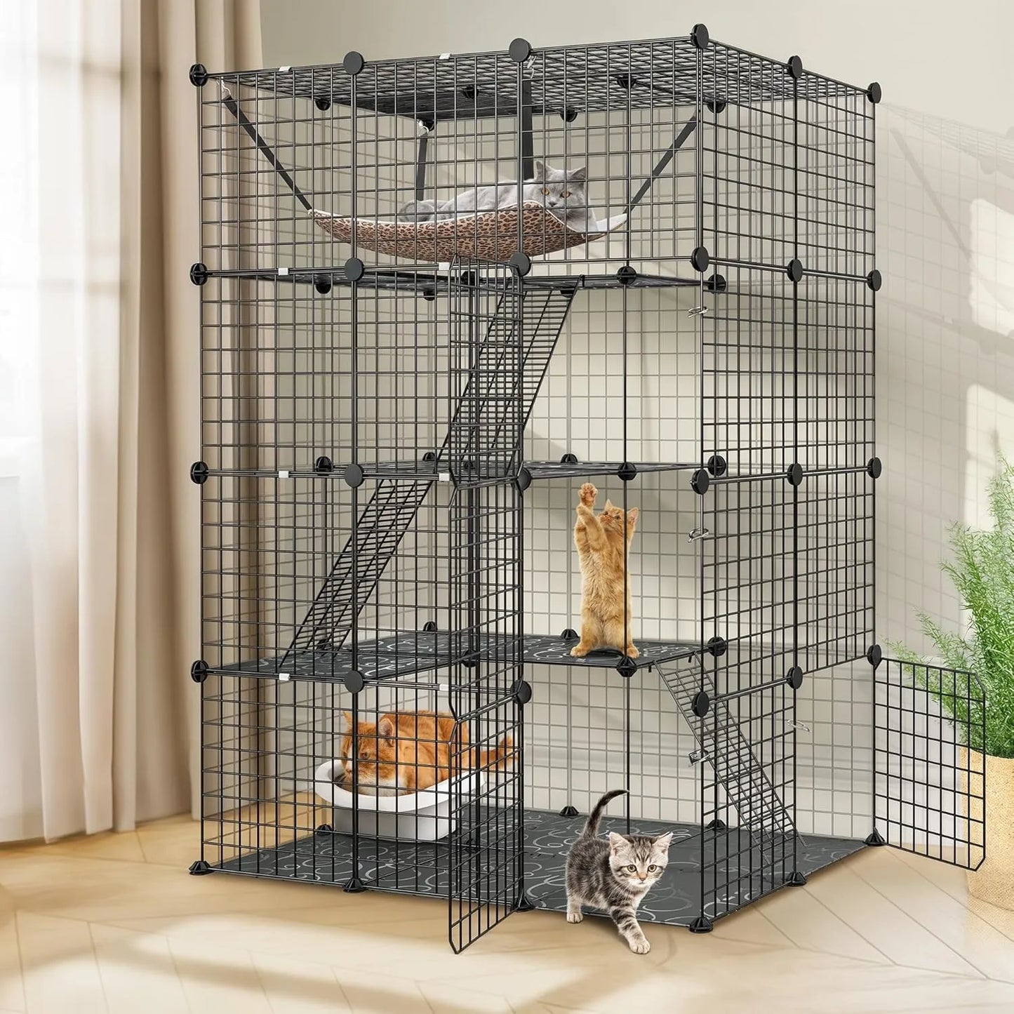 4-Tier Cat Cage Indoor Enclosure DIY Cat Playpen Metal Kennel with Extra Large Hammock, Catio Ideal for 1-3 Cats, F