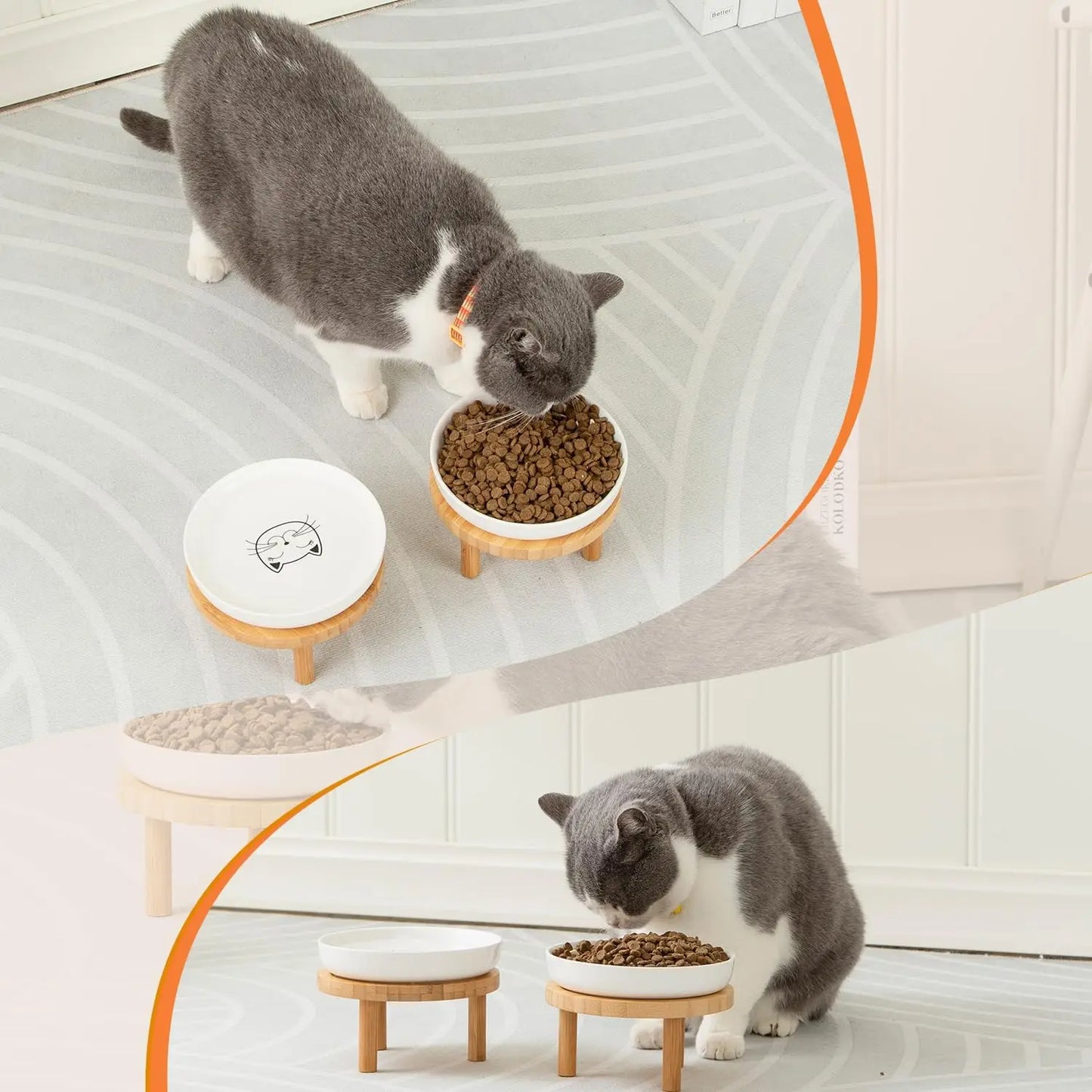 Elevated Ceramic Cat Bowls with Bamboo Stand, Whisker Friendly Pet Feeding Dishes for Indoor Cats, Set of 2