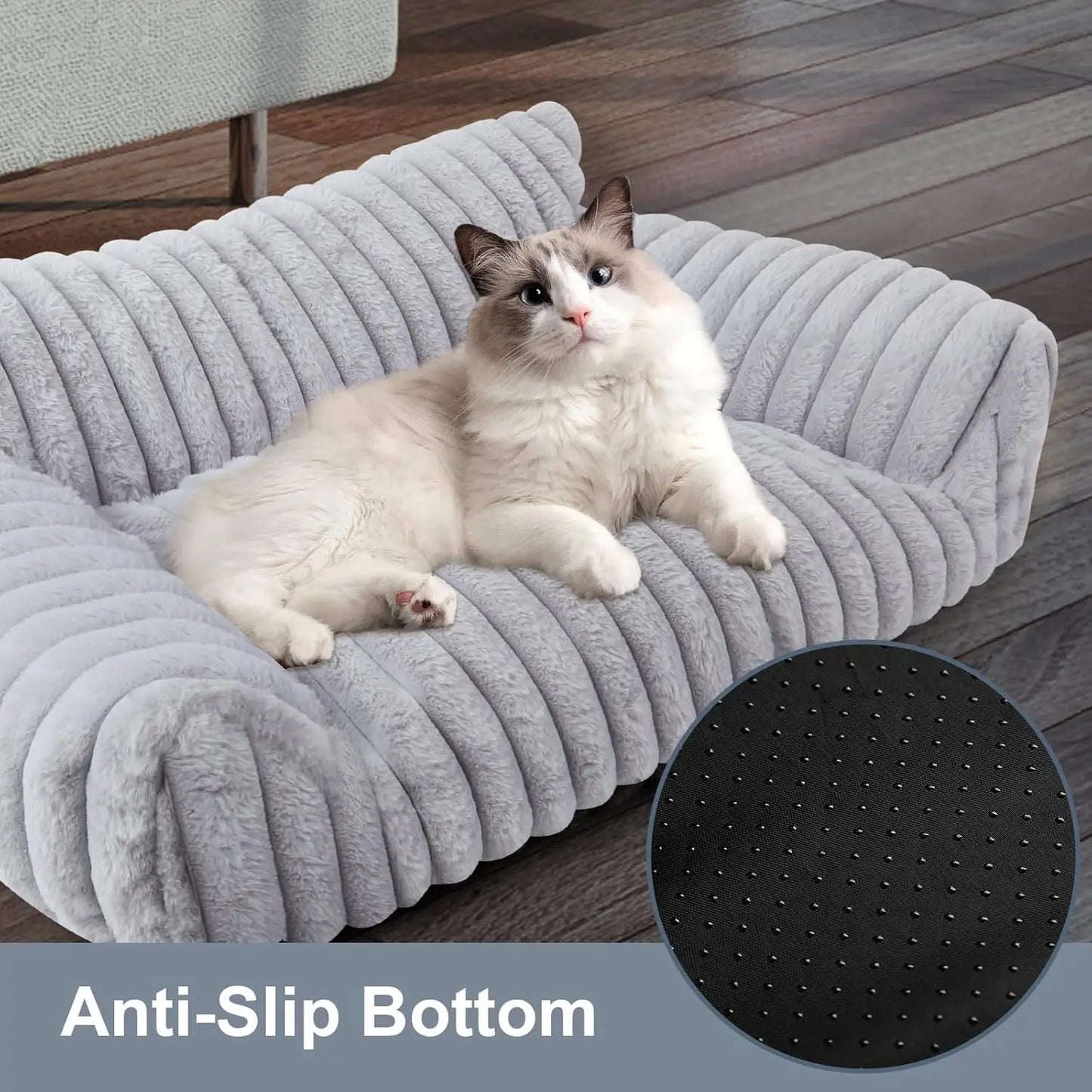 Fluffy Pet Sofa Bed for Cats and Small Dogs, Soft Corduroy Fleece with Removable Washable Cover, Grey