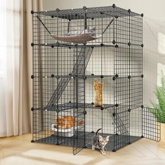 4-Tier Cat Cage Indoor Enclosure DIY Cat Playpen Metal Kennel with Extra Large Hammock, Catio Ideal for 1-3 Cats, F