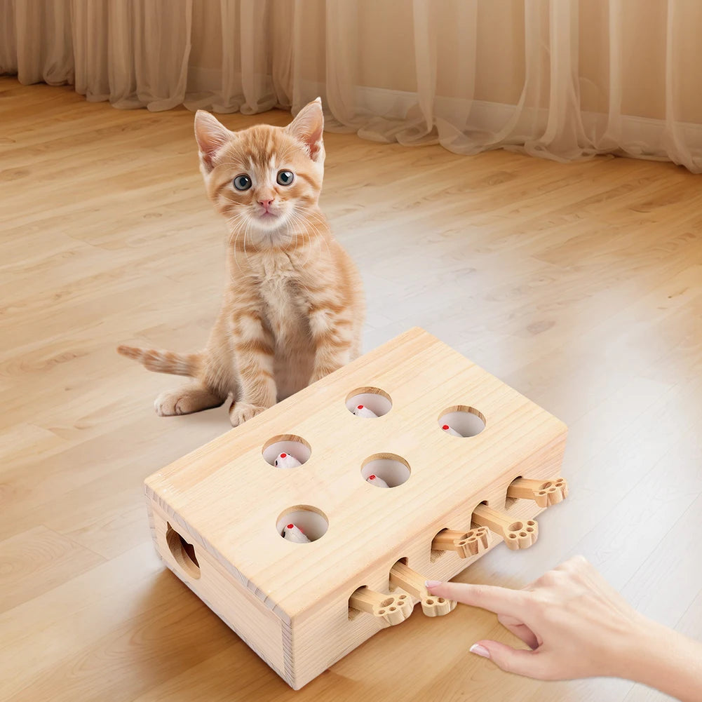Wooden Whack-A-Mole Cat Toy Catch Mice Game Cat Enrichment Toys for Cats & Kittens