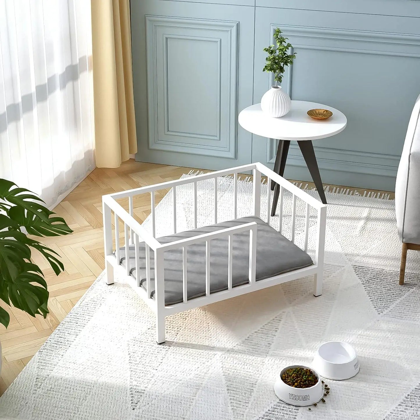 Elevated Dog Bed with Rails, Metal Frame & Washable Mat for Small Pets Indoor/Outdoor, White 21.3x30 Inch