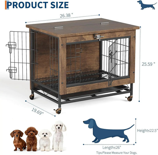 Dog Crate Furniture 26 Inch Indoor Wooden Kennel Double-Door Pet Cage with Wheels/Removable Tray, Indoor Pet Side Table Dog Box