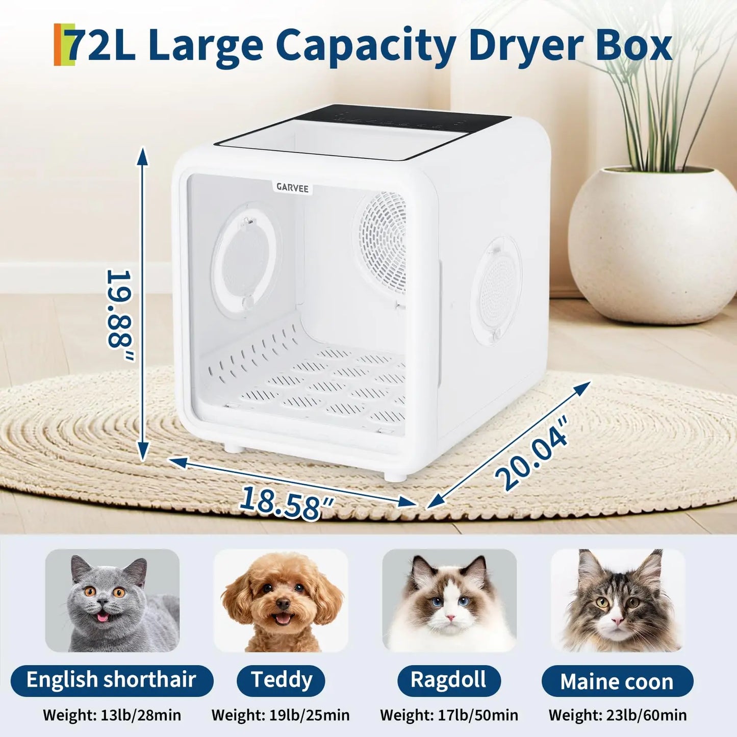 72L Pet Dryer Box For Cats & Dogs Up To 45lbs, 360° Quiet Grooming Blower, NTC Smart Temp Control, Auto-Open Door Cat Drying Box