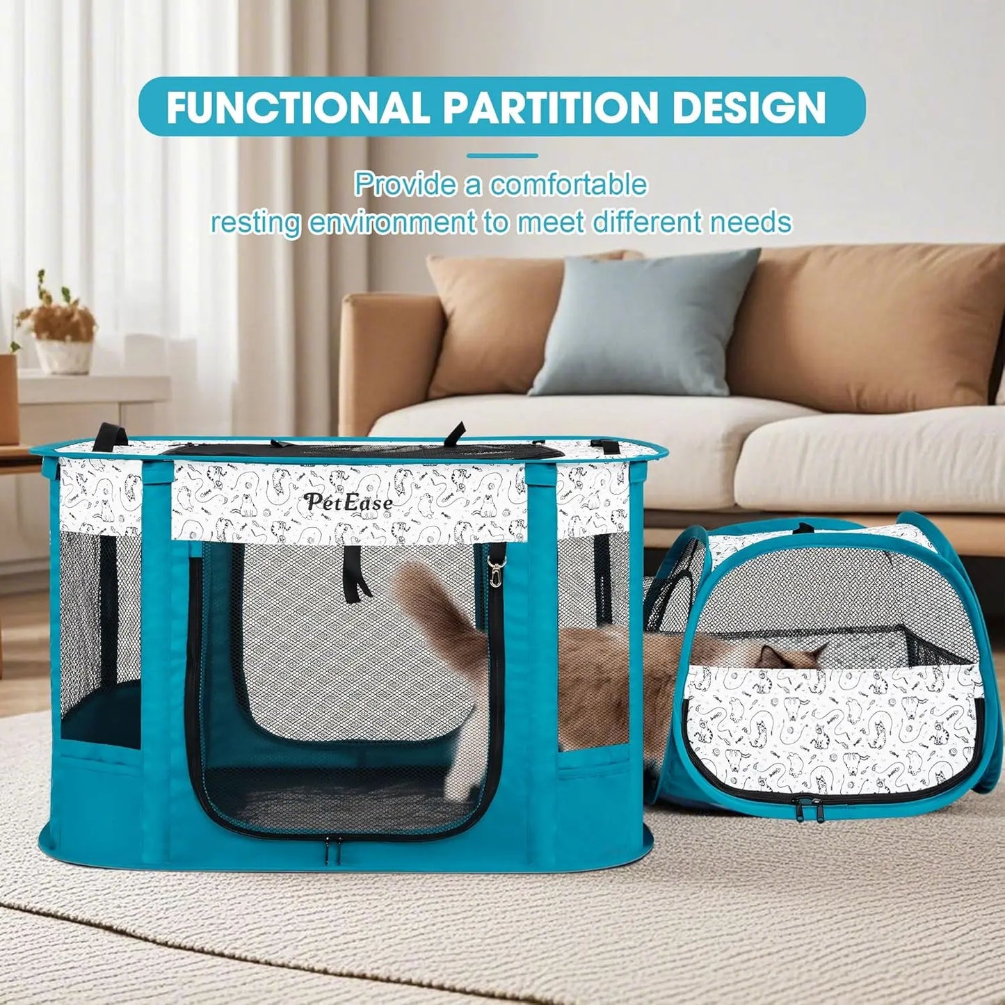 2-in-1 Portable Pet Playpen with Litter Box Area, Ideal for Cats, Dogs, Rabbits Indoor/Outdoor Use in Peacock Blue