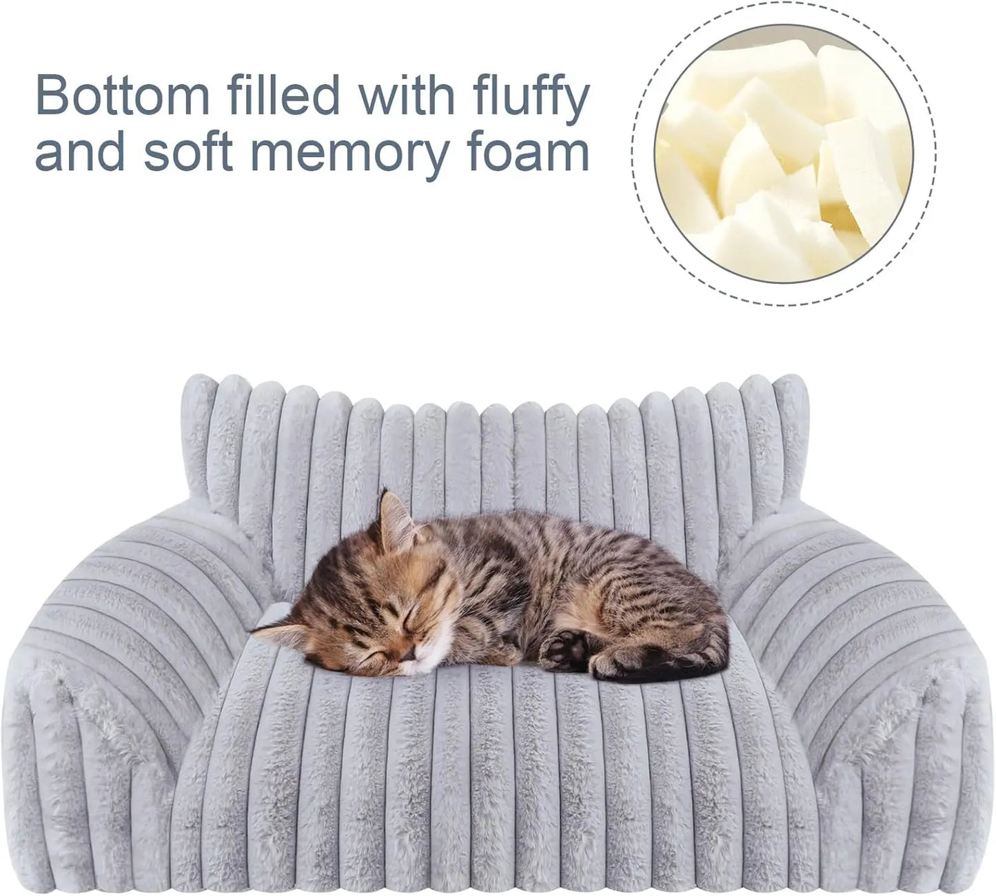 Fluffy Pet Sofa Bed for Cats and Small Dogs, Soft Corduroy Fleece with Removable Washable Cover, Grey