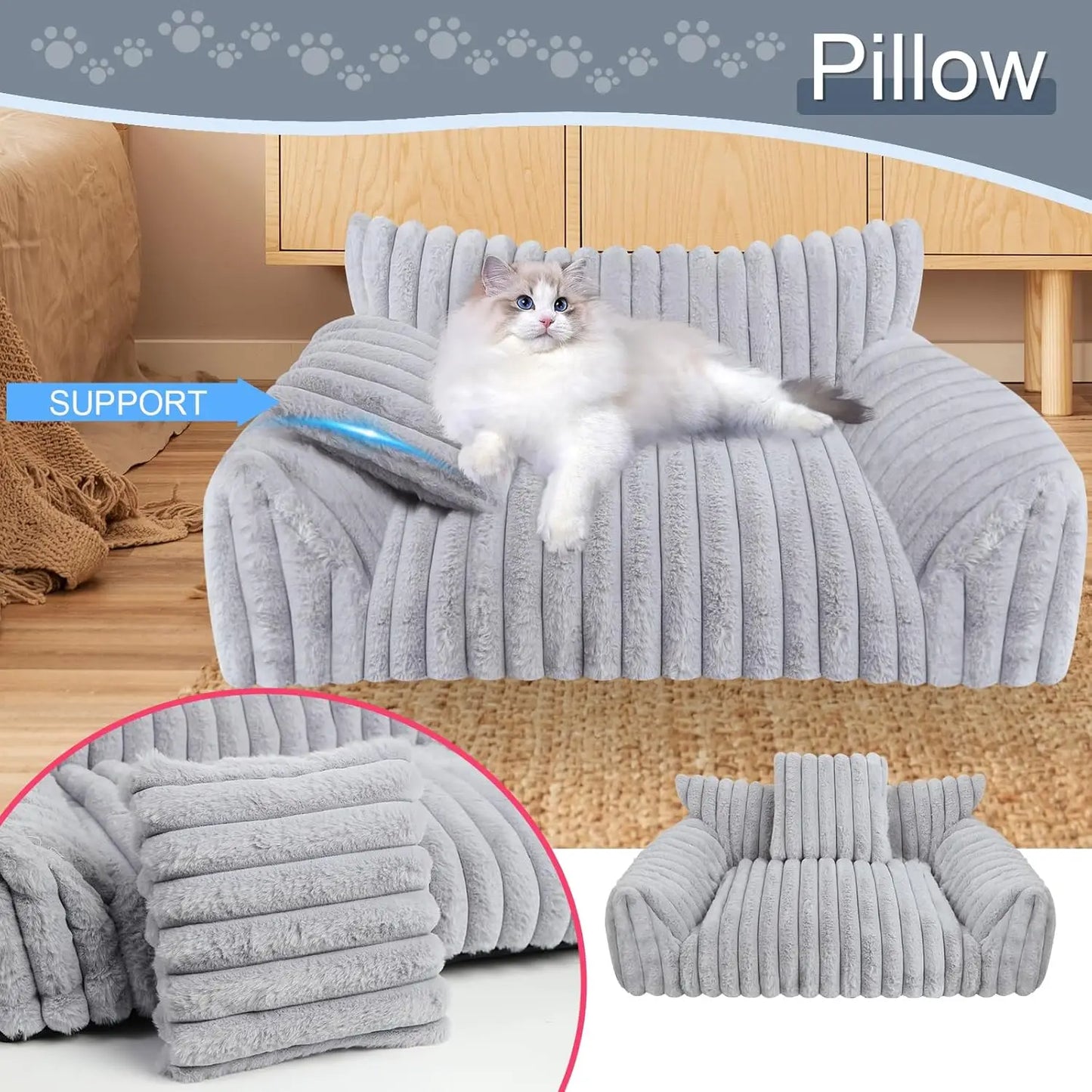 Fluffy Pet Sofa Bed for Cats and Small Dogs, Soft Corduroy Fleece with Removable Washable Cover, Grey