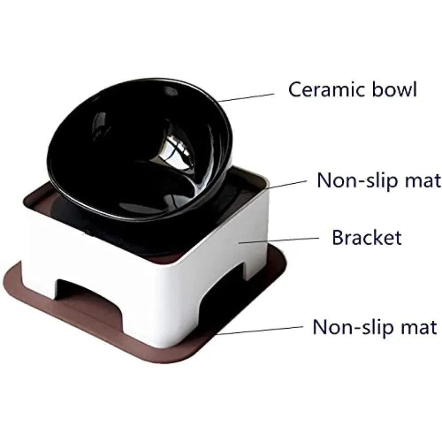 Bulldog Bowl Anti-Slip Dog Cat Dish Detachable Dog Bowls Pet Sterile Tilted Pet Feeder Slope Base BlackCeramic - 1.5 Cup