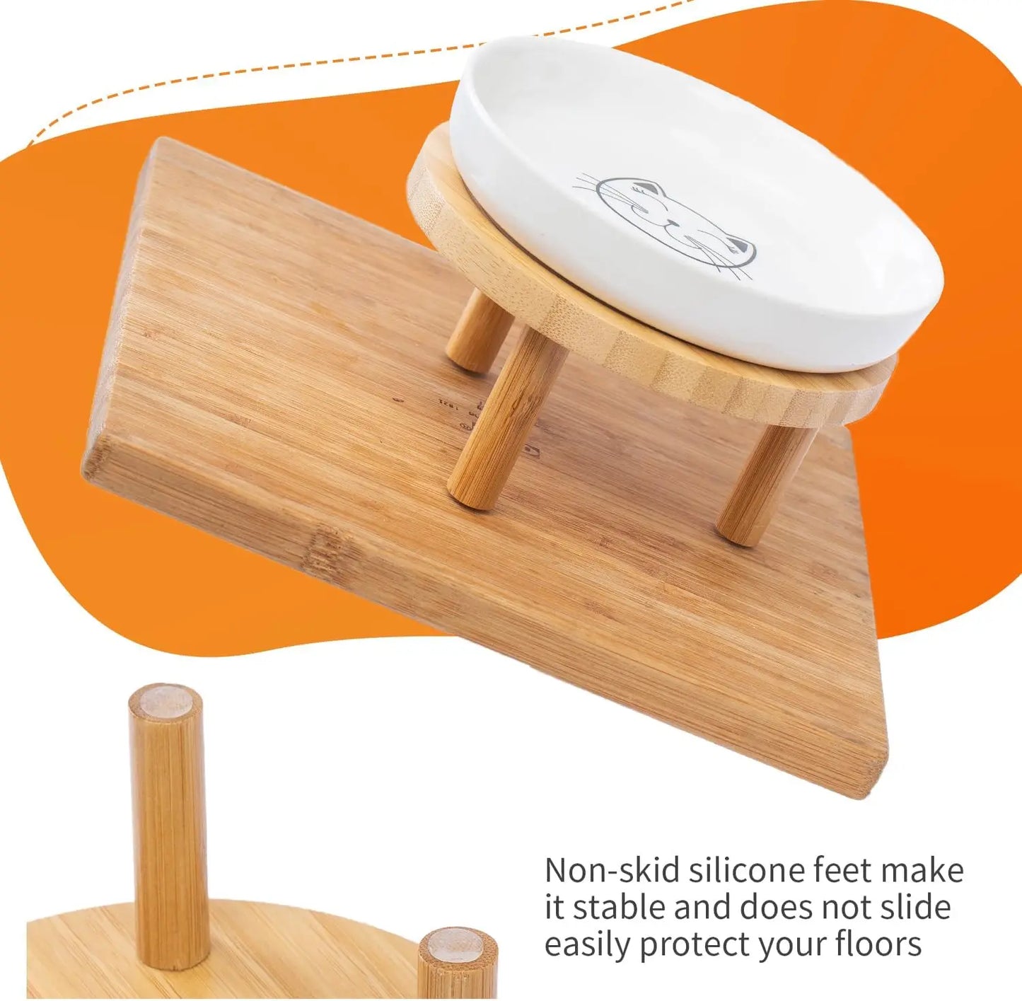 Elevated Ceramic Cat Bowls with Bamboo Stand, Whisker Friendly Pet Feeding Dishes for Indoor Cats, Set of 2