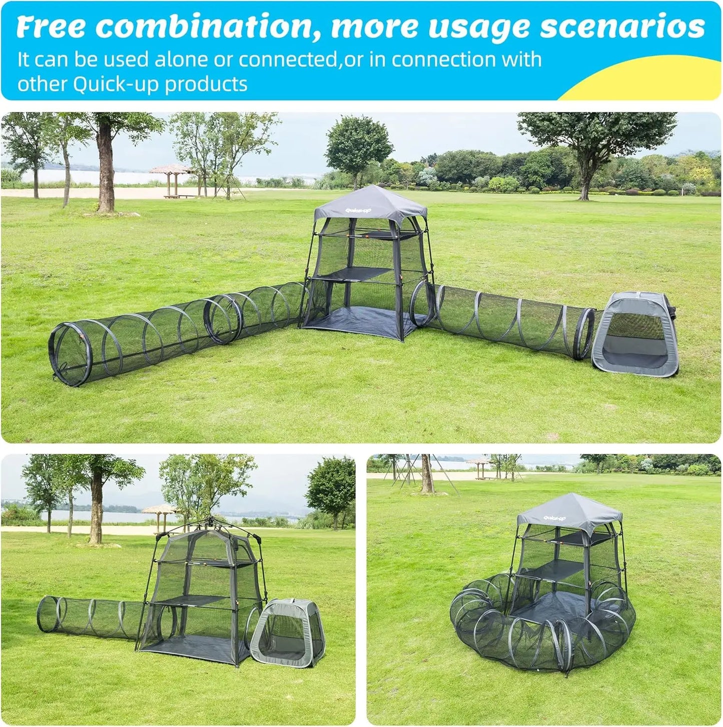 3-Tier Portable Cat Enclosure with Play Tunnel, Foldable for Indoor & Outdoor Use