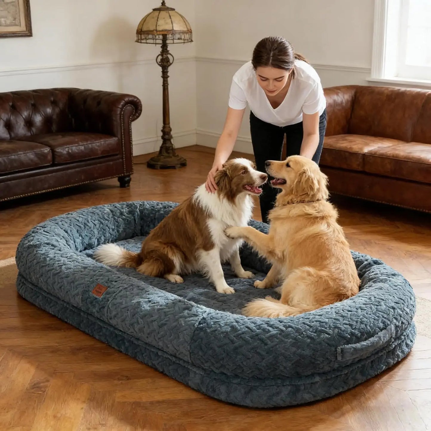 Luxury Faux Fur Giant Dog Bed with Orthopedic Foam, Portable Handle and Blanket, 72x40x10 Inches, Grayish Blue