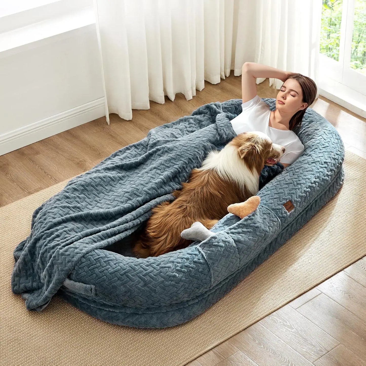 Luxury Faux Fur Giant Dog Bed with Orthopedic Foam, Portable Handle and Blanket, 72x40x10 Inches, Grayish Blue
