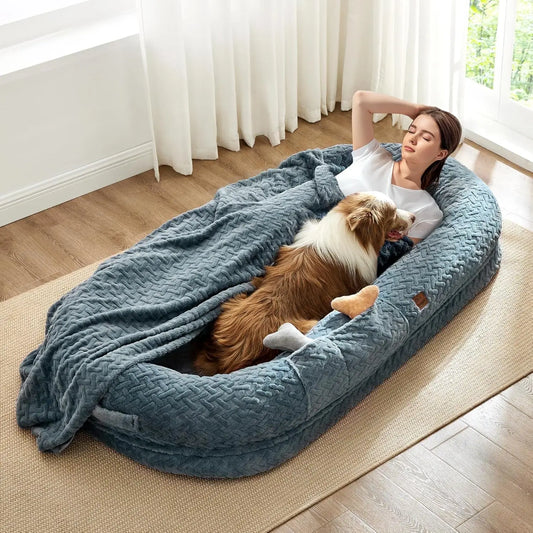 Luxury Faux Fur Giant Dog Bed with Orthopedic Foam, Portable Handle and Blanket, 72x40x10 Inches, Grayish Blue