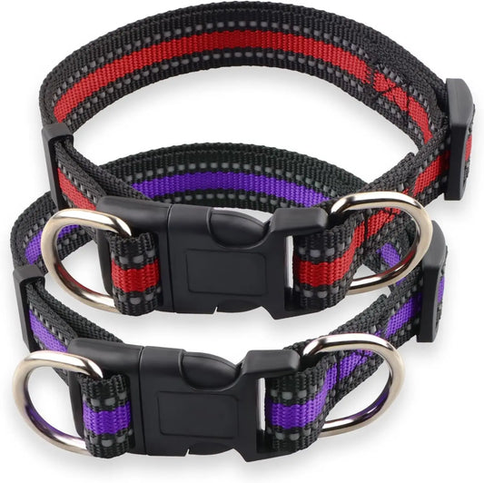 Highly Reflective Adjustable Dog Collar with Dual Metal D-Rings - Classic Colors for Small/Medium Dogs, 2-Pack (Red and Violet,M