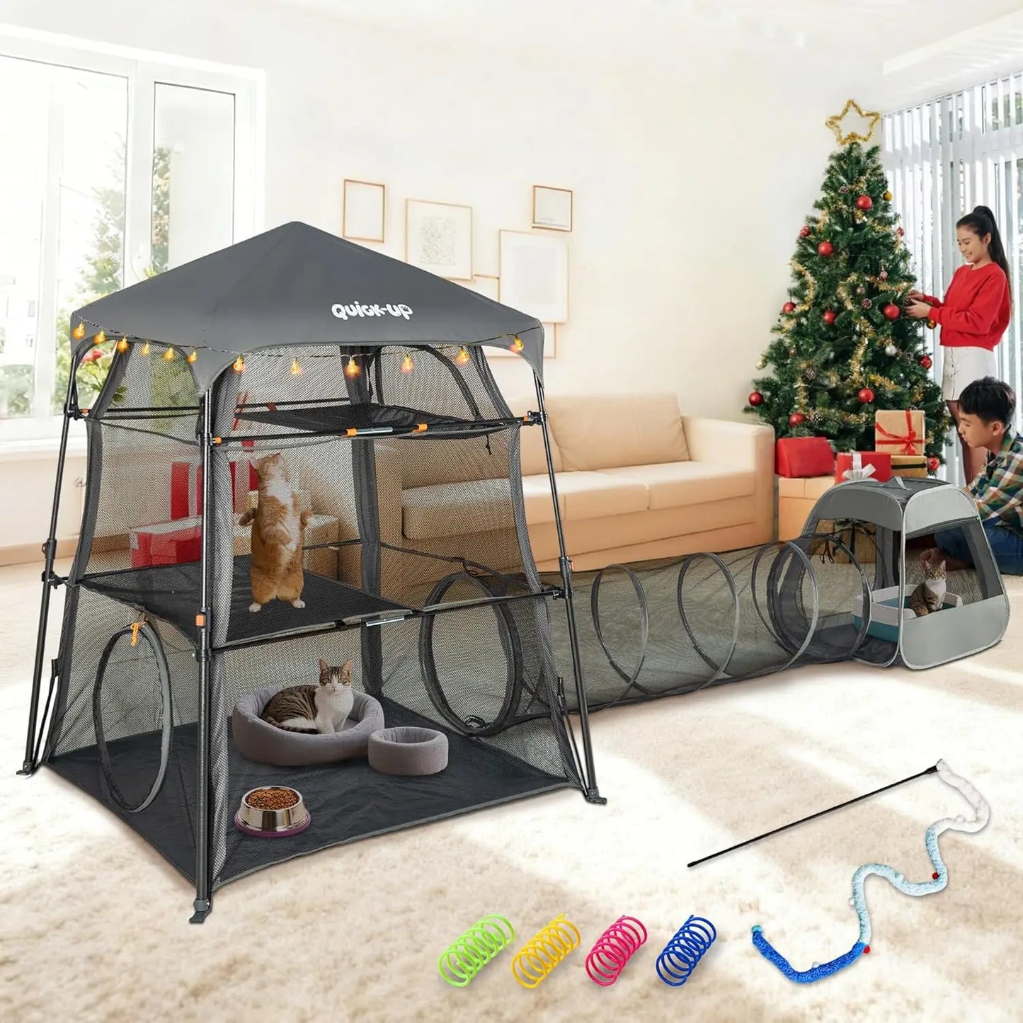 3-Tier Portable Cat Enclosure with Play Tunnel, Foldable for Indoor & Outdoor Use