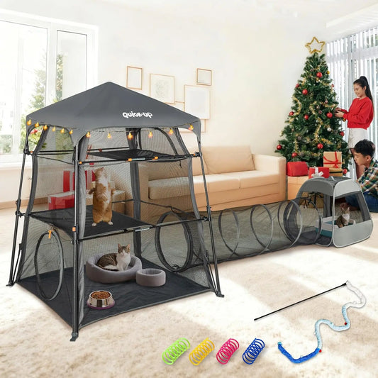 3-Tier Portable Cat Enclosure with Play Tunnel, Foldable for Indoor & Outdoor Use