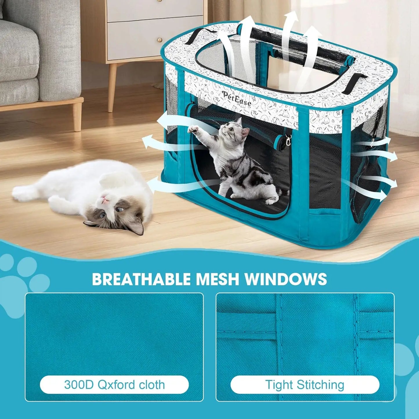 2-in-1 Portable Pet Playpen with Litter Box Area, Ideal for Cats, Dogs, Rabbits Indoor/Outdoor Use in Peacock Blue