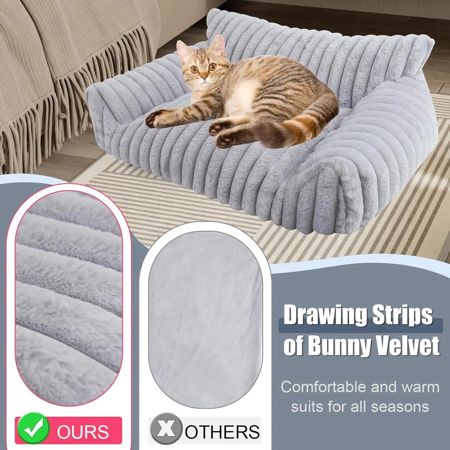 Fluffy Pet Sofa Bed for Cats and Small Dogs, Soft Corduroy Fleece with Removable Washable Cover, Grey