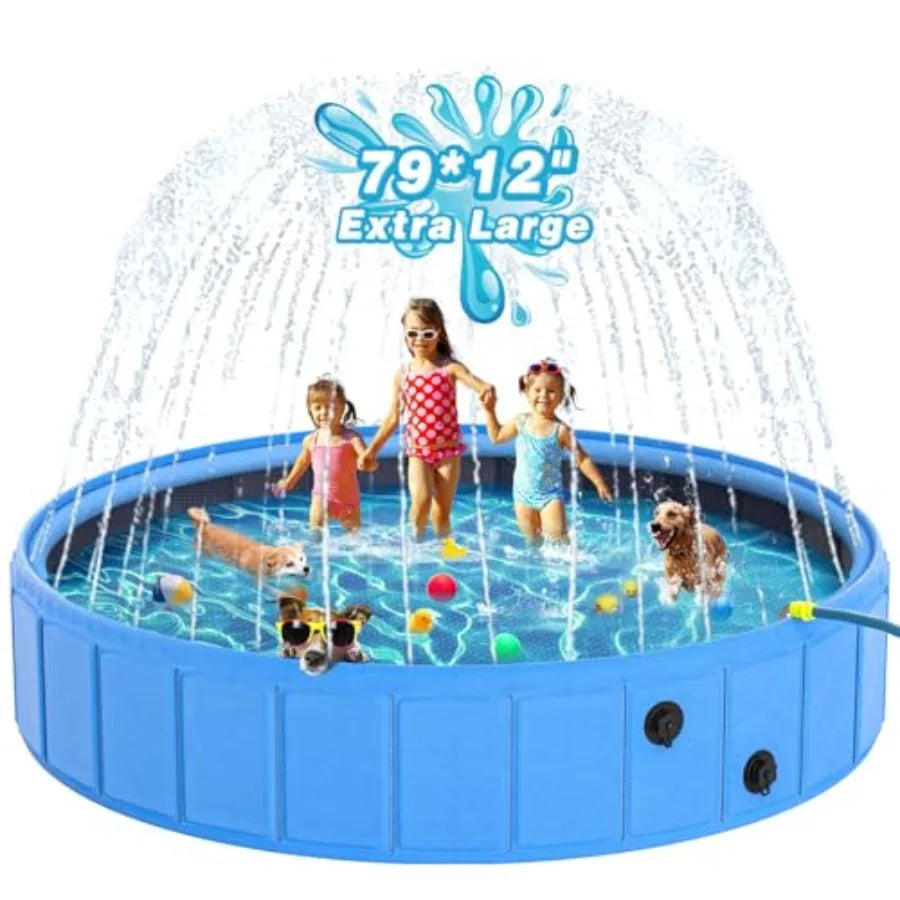 Large Foldable Dog Pool 0.55MM PVC 2-in-1 Portable Bathtub and Sprinkler for Dogs Cats Heavy Duty Non-Slip Summer Water Toy
