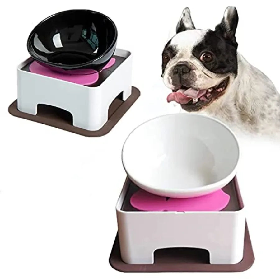 Bulldog Bowl Anti-Slip Dog Cat Dish Detachable Dog Bowls Pet Sterile Tilted Pet Feeder Slope Base BlackCeramic - 1.5 Cup