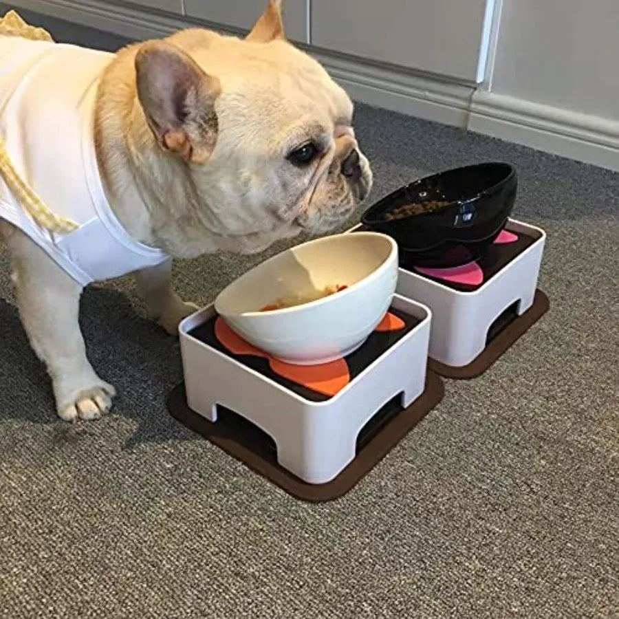 Bulldog Bowl Anti-Slip Dog Cat Dish Detachable Dog Bowls Pet Sterile Tilted Pet Feeder Slope Base BlackCeramic - 1.5 Cup