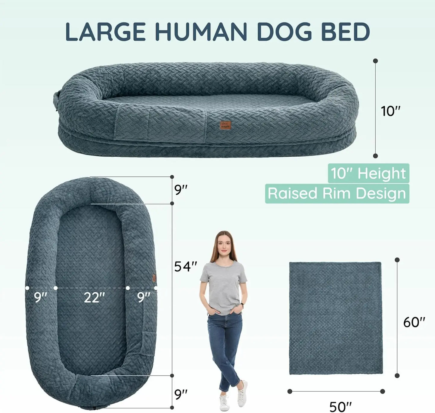 Luxury Faux Fur Giant Dog Bed with Orthopedic Foam, Portable Handle and Blanket, 72x40x10 Inches, Grayish Blue