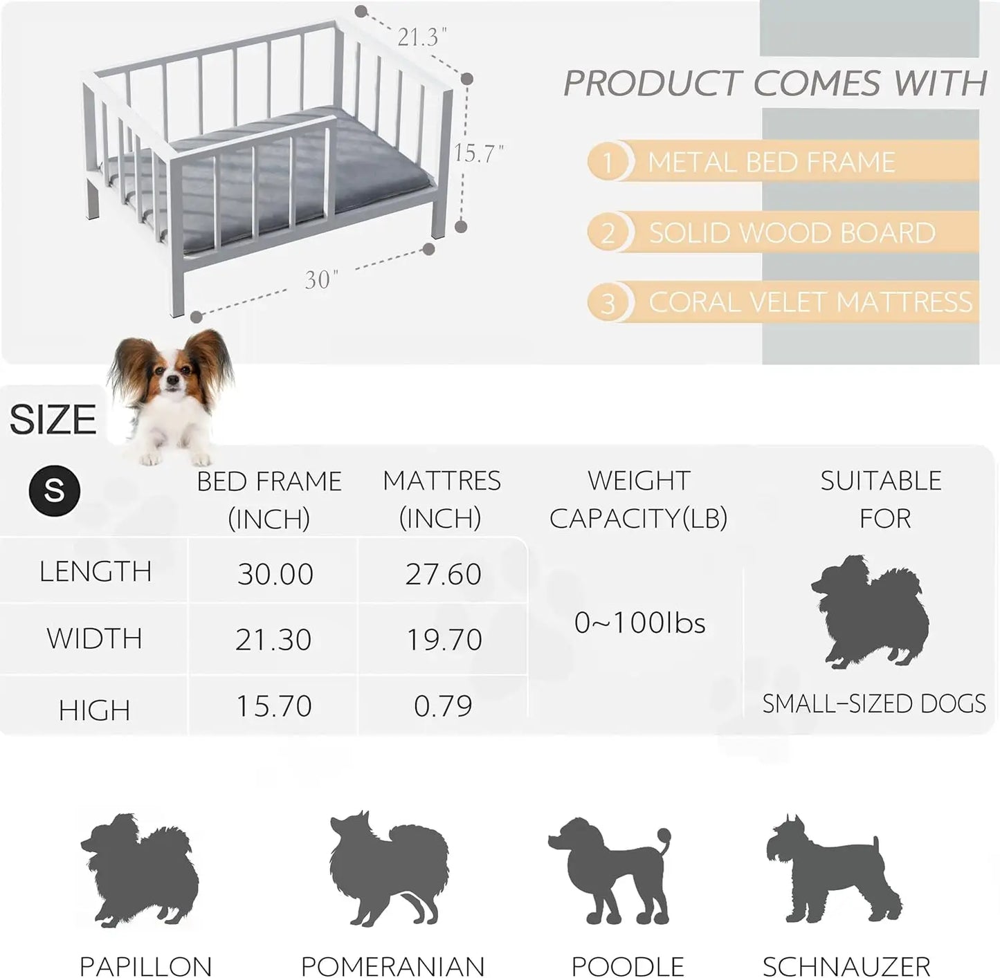 Elevated Dog Bed with Rails, Metal Frame & Washable Mat for Small Pets Indoor/Outdoor, White 21.3x30 Inch