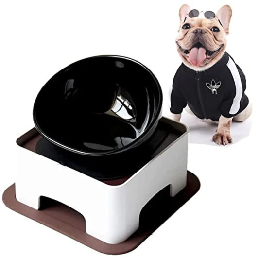 Bulldog Bowl Anti-Slip Dog Cat Dish Detachable Dog Bowls Pet Sterile Tilted Pet Feeder Slope Base BlackCeramic - 1.5 Cup
