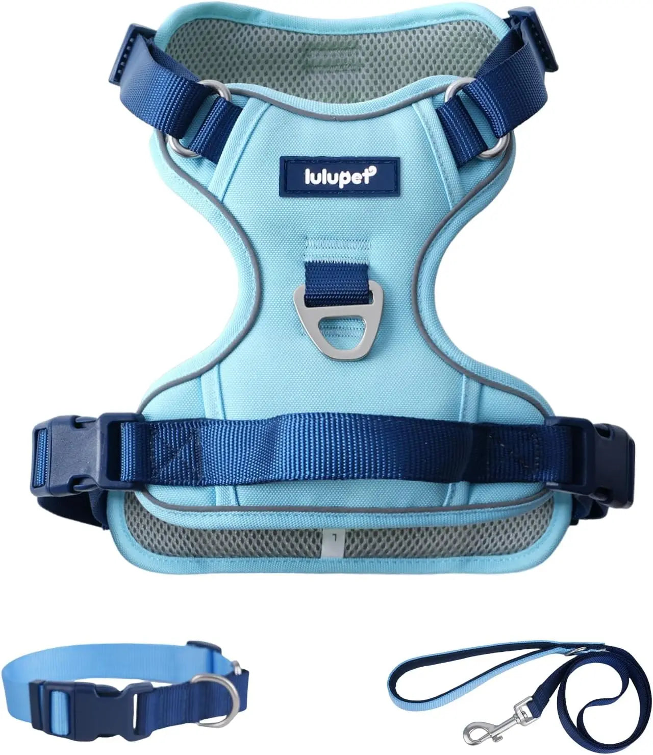 3-in-1 No-Pull Dog Harness Leash Collar Set, Adjustable Reflective Vest Comfortable Handle Blue Large