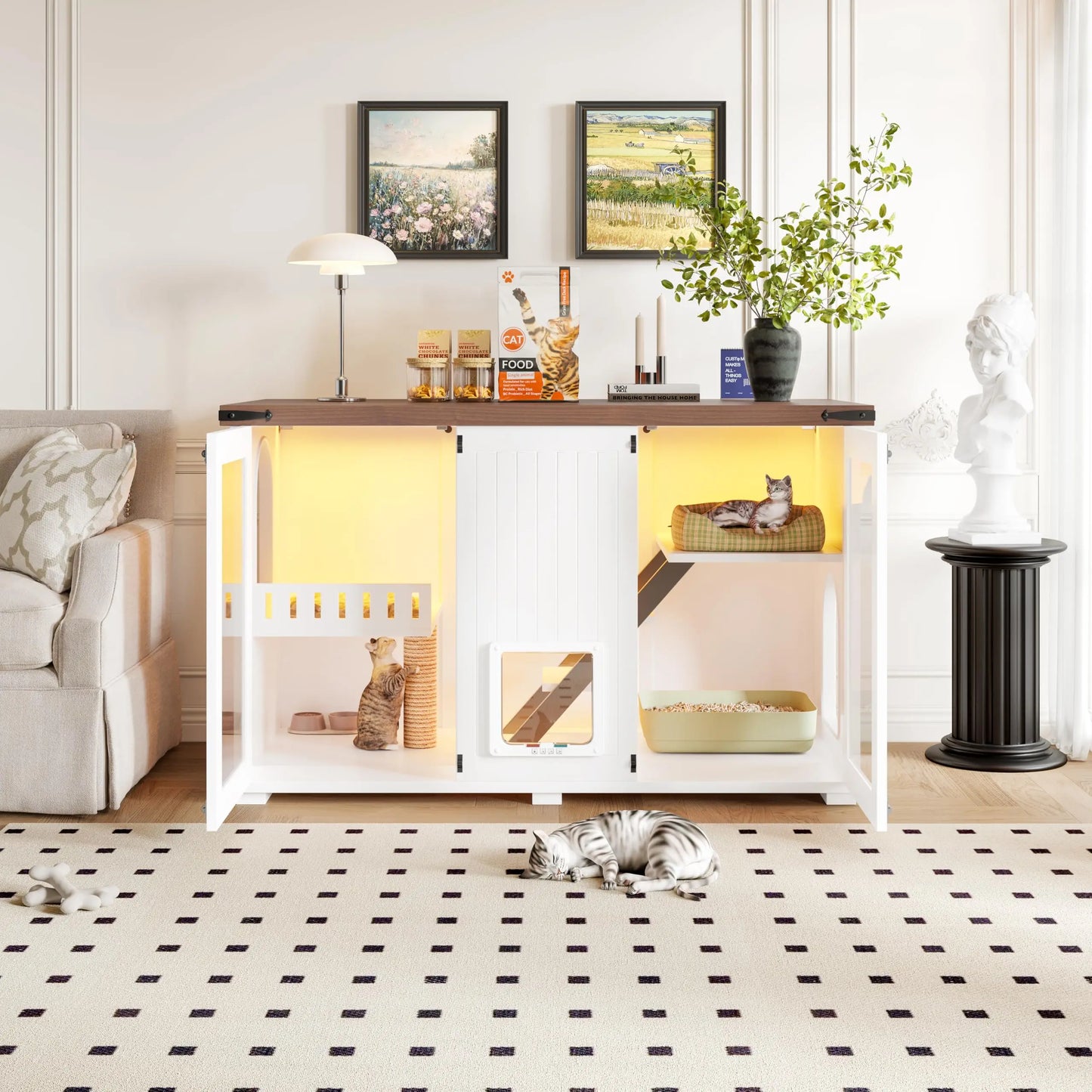 47.25" Cat House Large Space Hidden Cat Litter Box Enclosure with LED Light, Scratch Pad, Stairs and Smart Doors
