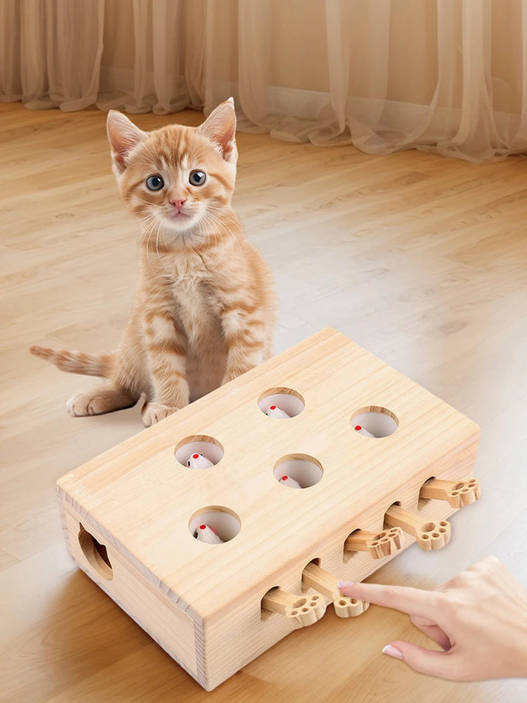 Wooden Whack-A-Mole Cat Toy Catch Mice Game Cat Enrichment Toys for Cats & Kittens
