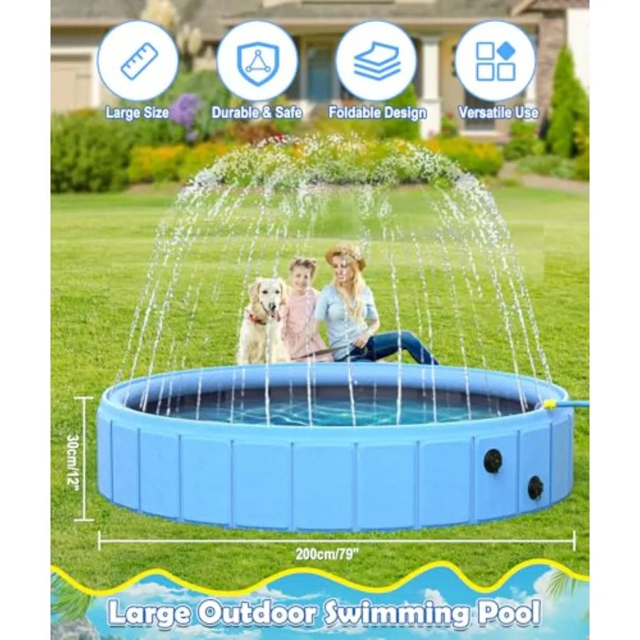 Large Foldable Dog Pool 0.55MM PVC 2-in-1 Portable Bathtub and Sprinkler for Dogs Cats Heavy Duty Non-Slip Summer Water Toy