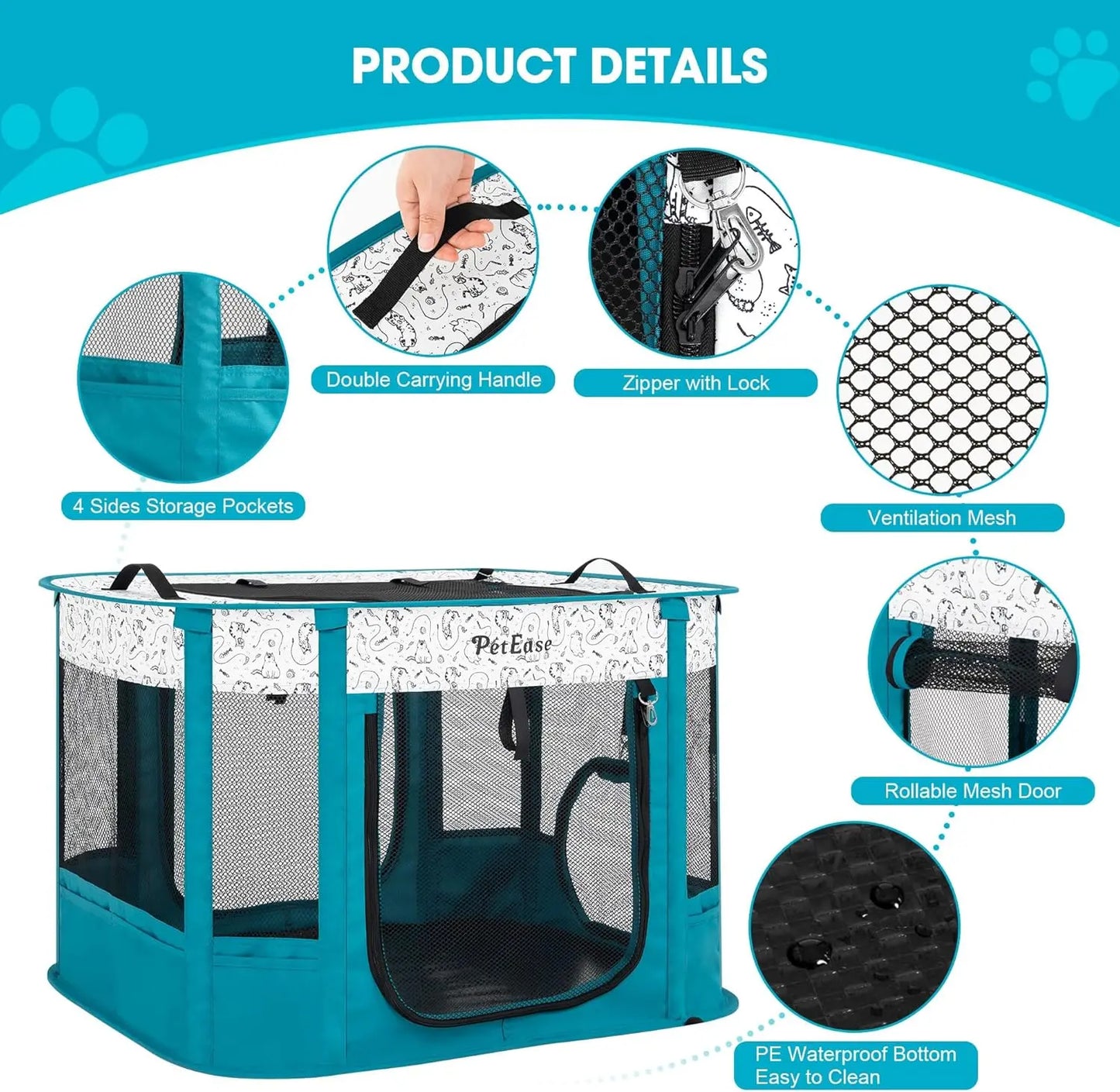 2-in-1 Portable Pet Playpen with Litter Box Area, Ideal for Cats, Dogs, Rabbits Indoor/Outdoor Use in Peacock Blue