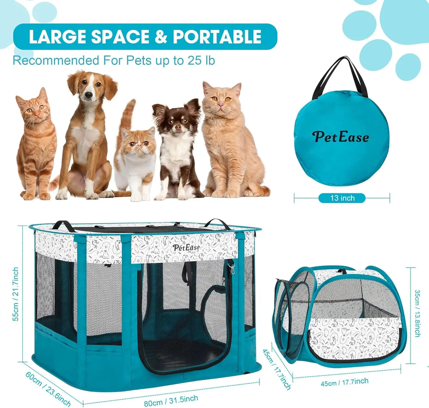 2-in-1 Portable Pet Playpen with Litter Box Area, Ideal for Cats, Dogs, Rabbits Indoor/Outdoor Use in Peacock Blue