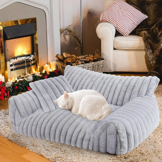 Fluffy Pet Sofa Bed for Cats and Small Dogs, Soft Corduroy Fleece with Removable Washable Cover, Grey