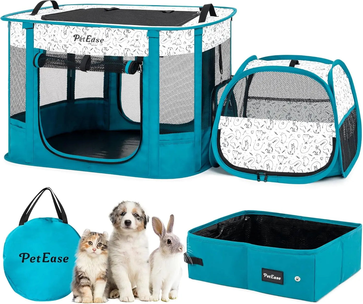 2-in-1 Portable Pet Playpen with Litter Box Area, Ideal for Cats, Dogs, Rabbits Indoor/Outdoor Use in Peacock Blue