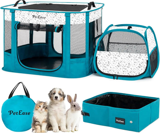 2-in-1 Portable Pet Playpen with Litter Box Area, Ideal for Cats, Dogs, Rabbits Indoor/Outdoor Use in Peacock Blue