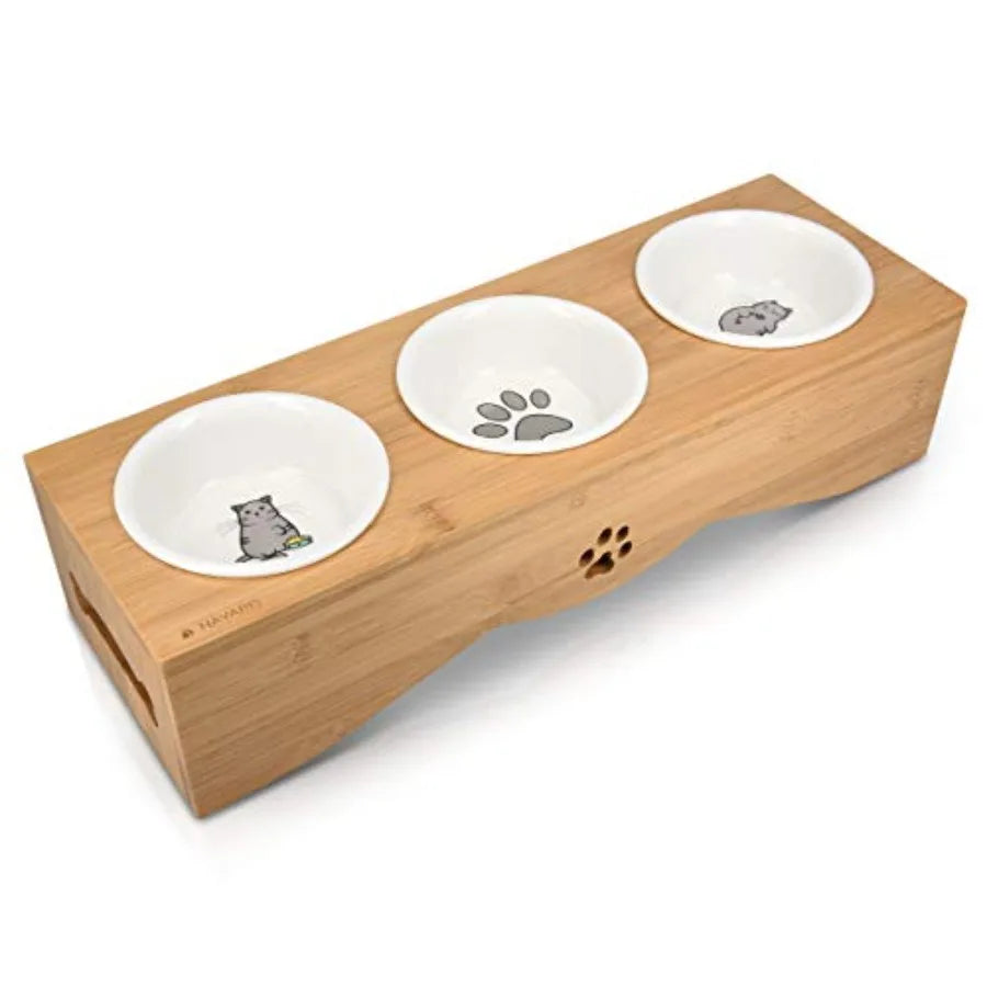 Cat Bowls with Stand - Elevated Triple Feeder for Cats - Ceramic Pet Bowl Dishes 3-Pcs Set with Printed Designs and Raised Bamb