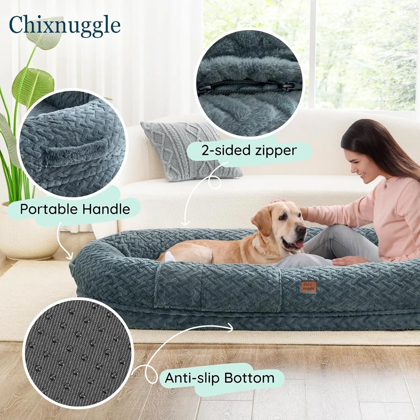 Luxury Faux Fur Giant Dog Bed with Orthopedic Foam, Portable Handle and Blanket, 72x40x10 Inches, Grayish Blue